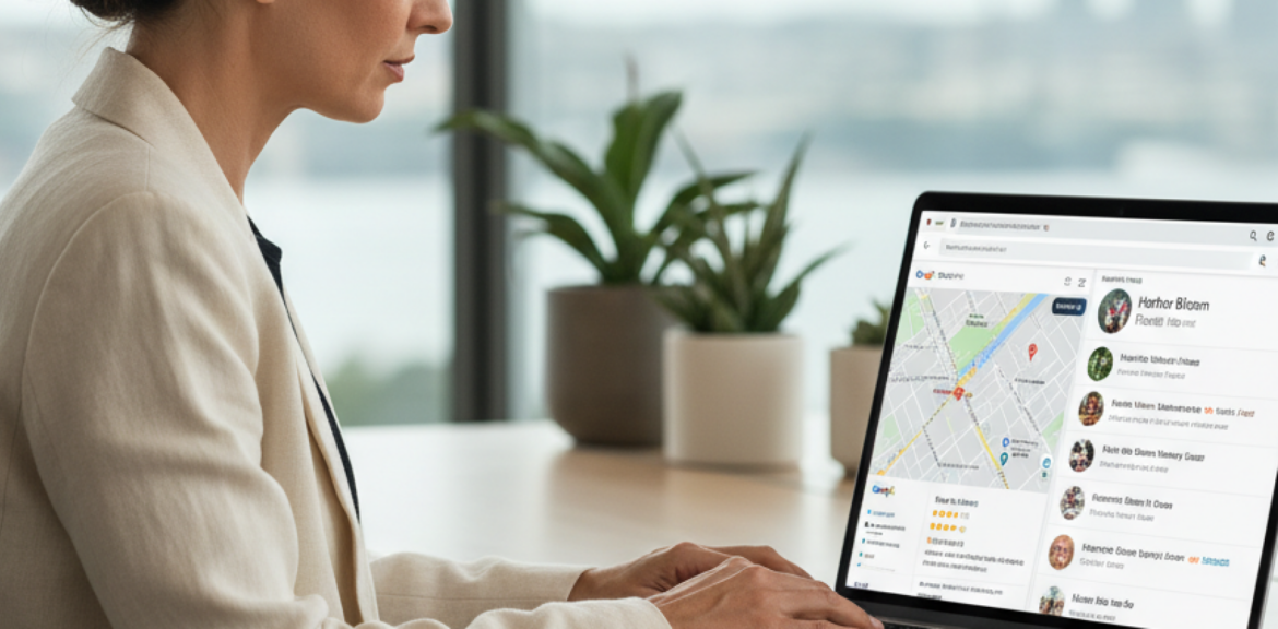 Google Business Profile Optimisation vs. SEO: Which Matters More for Sydney SMBs? A graphic with two large text boxes comparing Google Business Profile vs SEO Sydney, with a smaller box underneath posing a