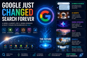 Google I/O 2026: AI Mode, AI Agents, Veo 3, Gemini Upgrades Google I/O 2026 infographic — AI Mode, AI Agents, Veo 3, Gemini, Imagen 4 and Project Astra summary by Evosion
