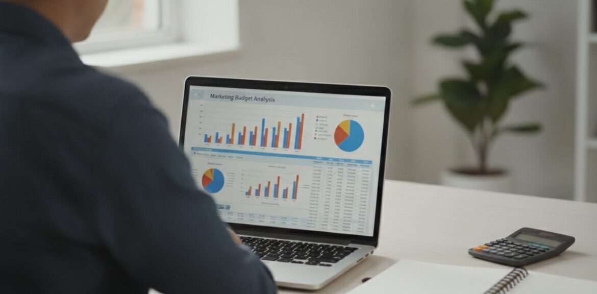 Marketing Budget for Small Business: How to Allocate Spend Across Channels Person wearing glasses reviews marketing budget charts on a laptop at a bright desk beside a calculator and open notebook
