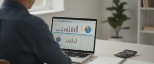 Marketing Budget for Small Business: How to Allocate Spend Across Channels Person wearing glasses reviews marketing budget charts on a laptop at a bright desk beside a calculator and open notebook