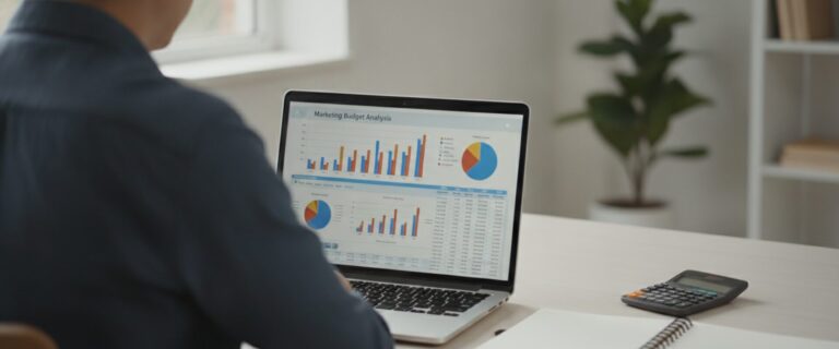 Marketing Budget for Small Business: How to Allocate Spend Across Channels Person wearing glasses reviews marketing budget charts on a laptop at a bright desk beside a calculator and open notebook
