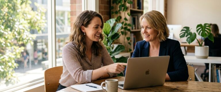 AI Marketing Agency Consultation Meeting Marketing strategist and business owner reviewing AI automation dashboards, representing an ai marketing agency australia bus